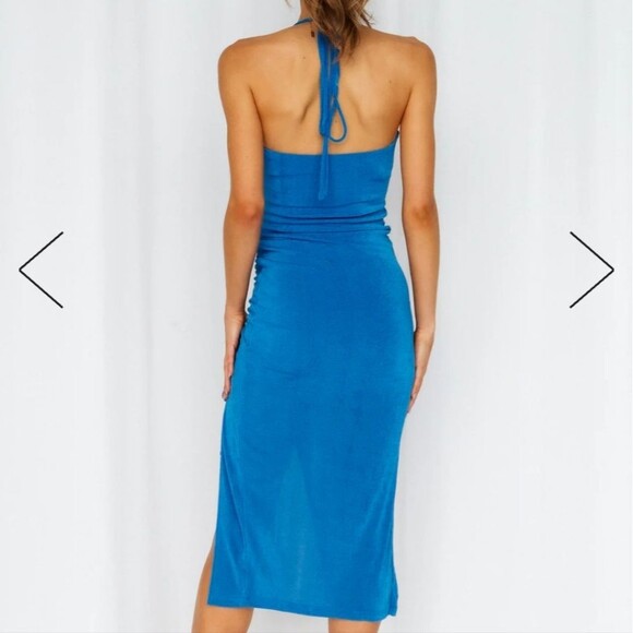 Hello Molly blue no bad vibes tie halter ruched side slit woven midi dress - Picture 4 of 12